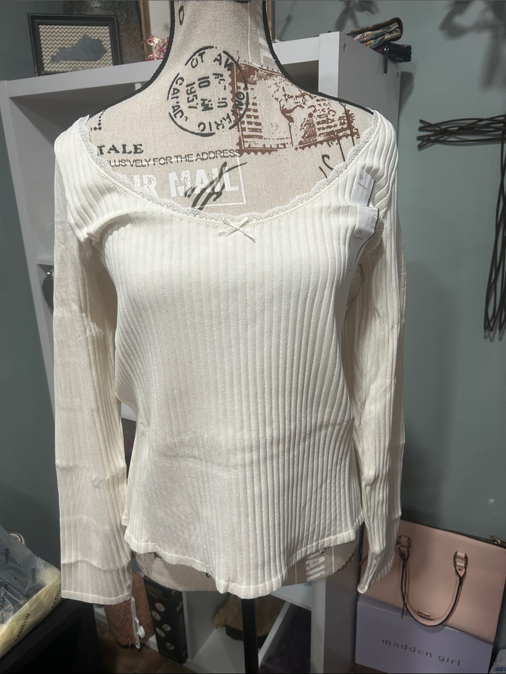 wild fable Cream Ribbed Long-Sleeve Scoop Top with Bow